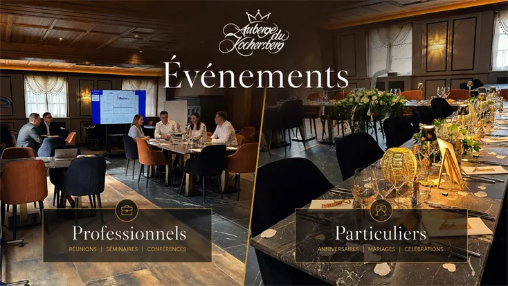Salle de l’Auberge du Kochersberg aménagée pour une réunion professionnelle et une réception privée à Landersheim